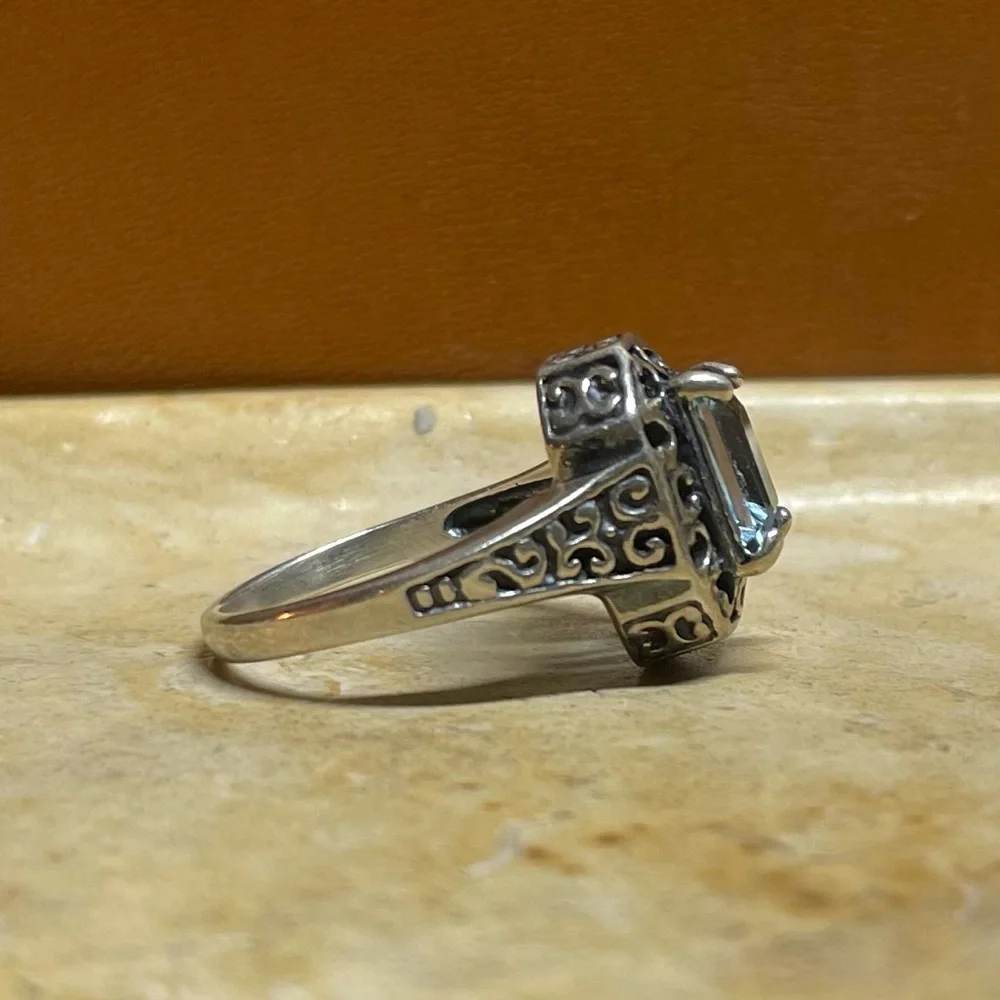 Blue Sapphire Scroll Filigree Silver Ring - Picture 2 of 6